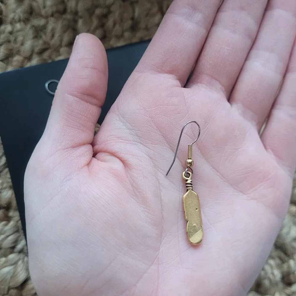 Brassy Feathered Dangle Earrings with Amber Colored Stone - Picture 4 of 4